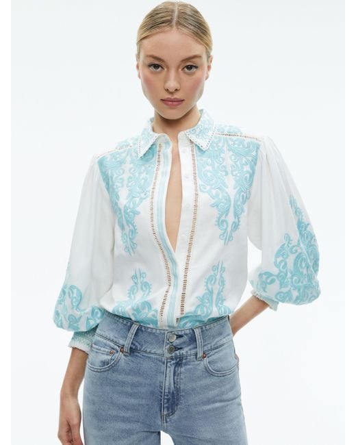 Alice + Olivia Blue Loryn Embroidered Button Down Blouse