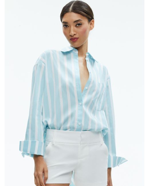 Alice + Olivia Blue Finely Oversized Long Button Down Shirt