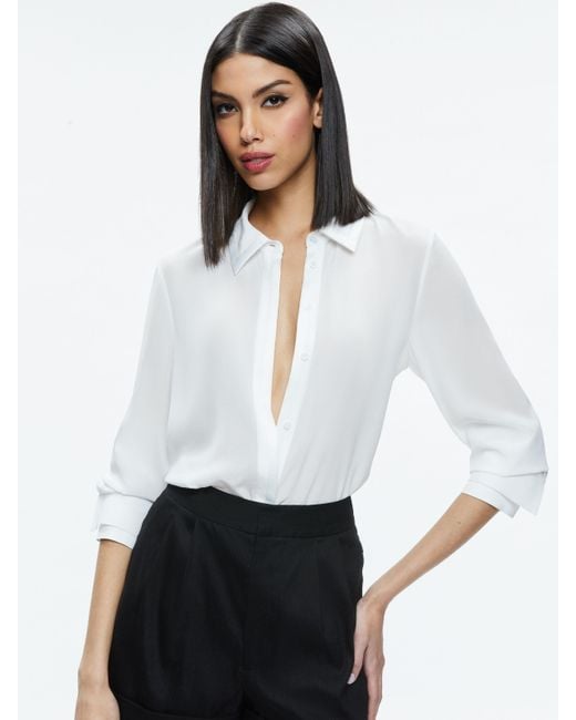Alice + Olivia White Willa Relaxed Placket Top With Piping Detail