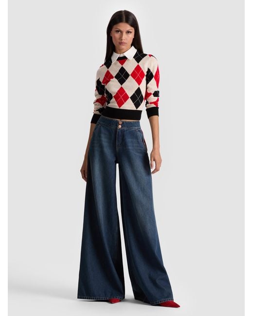 Alice + Olivia Red Carolann Argyle Pullover