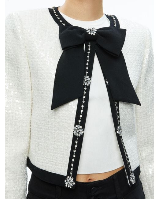 Alice + Olivia White Gwyneth Embellished Cropped Bow Jacket