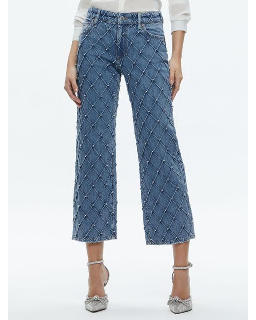 Alice + Olivia Blue Weezy Quilted Embellished Cropped Mid Rise Jean