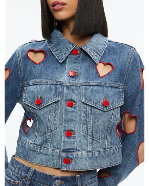 Alice + Olivia Blue Jeff Heart Embroidered Cropped Denim Jacket
