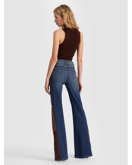 Alice + Olivia Blue Faux Leather Patchwork Wide Leg Flare Jeans