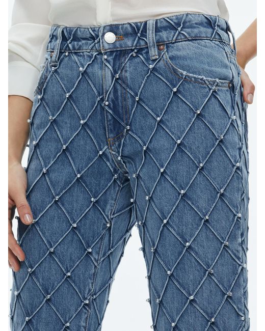Alice + Olivia Blue Weezy Quilted Embellished Cropped Mid Rise Jean