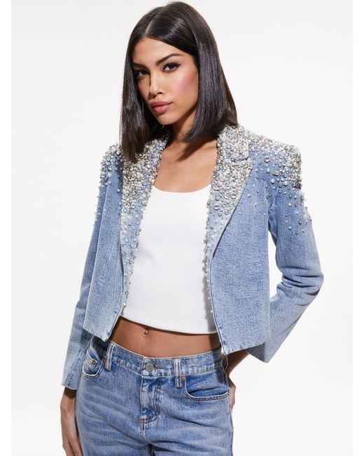 Alice + Olivia White Ivan Crystal Embellished Cropped Denim Blazer