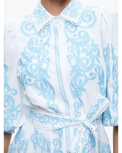 Alice + Olivia Blue Shira Embroidered Midi Tiered Dress