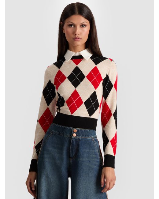 Alice + Olivia Red Carolann Argyle Pullover