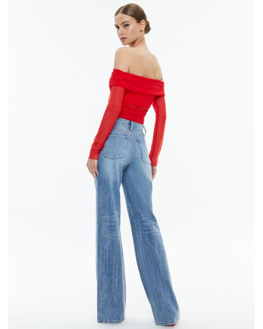 Alice + Olivia Red Isadola Over The Shoulder Ruched Long Sleeve Top