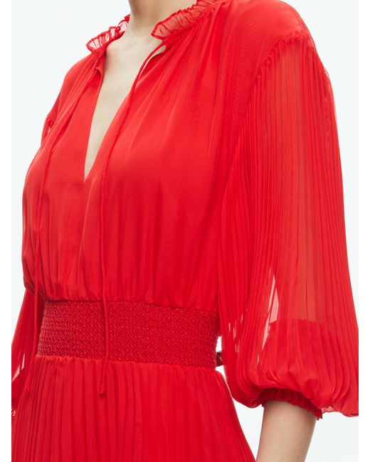 Alice + Olivia Red Vernia Blouson Sleeve Pleated Maxi Dress