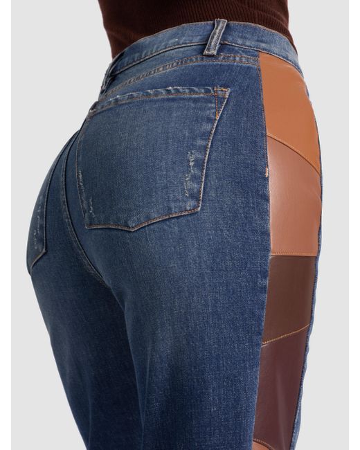 Alice + Olivia Blue Faux Leather Patchwork Wide Leg Flare Jeans
