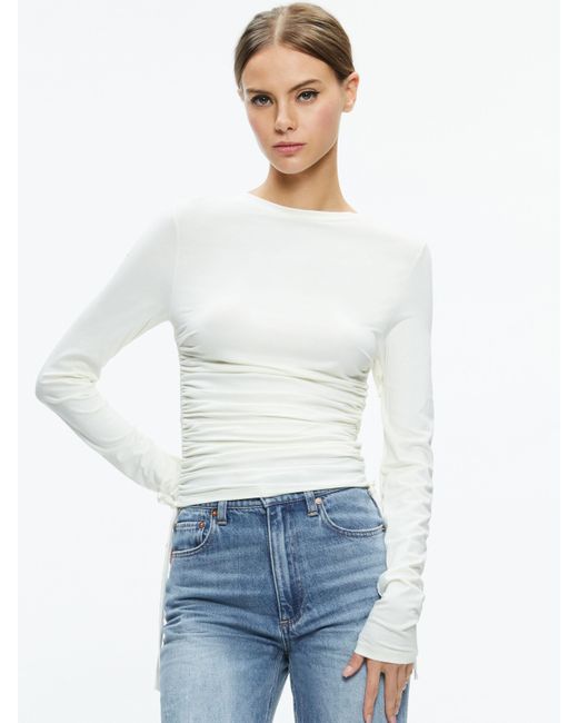 Alice + Olivia White Percy Crewneck Ruched Cropped Top