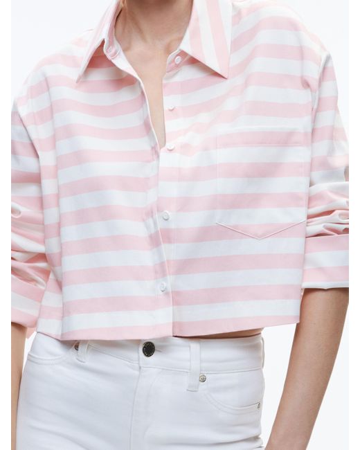 Alice + Olivia White Finely Cropped Oversized Button Down Shirt