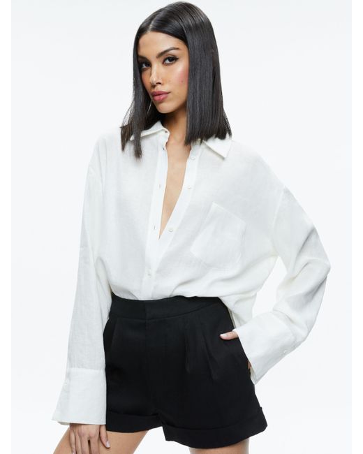 Alice + Olivia White Finely Linen Oversized Button Down Shirt