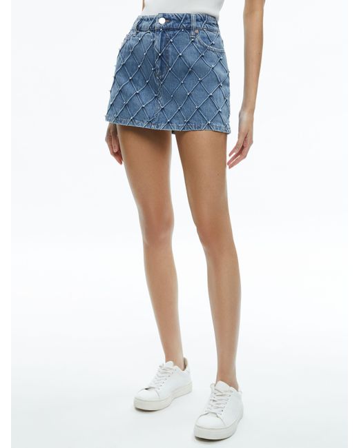 Alice + Olivia Blue Joss High Rise Quilted Embellished Mini Skirt