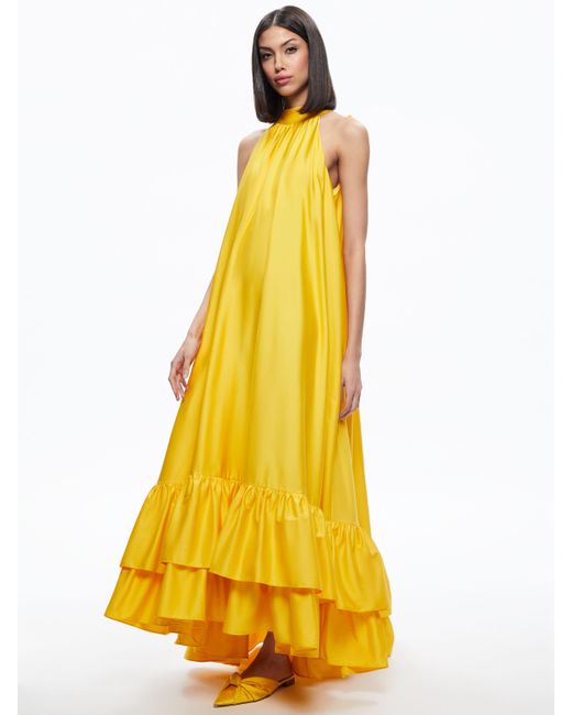 Alice + Olivia Yellow Jovie Halter Neck Ruffle High Low Maxi Dress