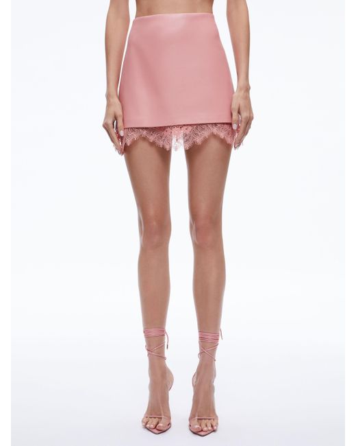 Alice + Olivia Pink Rubi Vegan Leather Lace Trim Mini Skirt