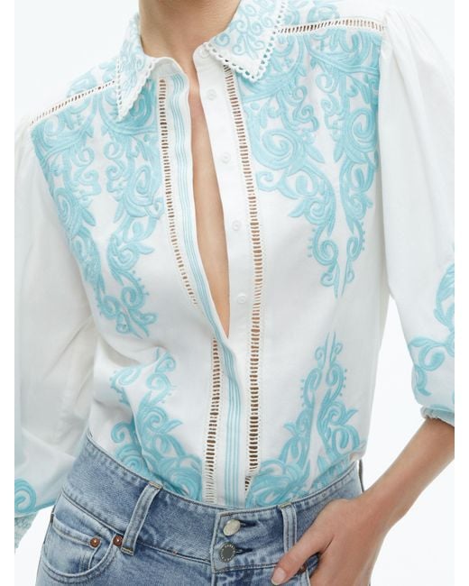Alice + Olivia Blue Loryn Embroidered Button Down Blouse