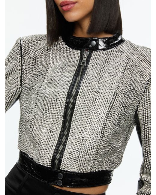 Alice + Olivia Gray Lari Crystal Embellished Leather Jacket