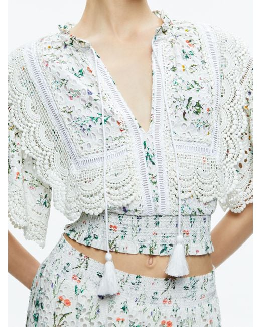 Alice + Olivia White Tabitha Lace Button Front Cropped Blouse