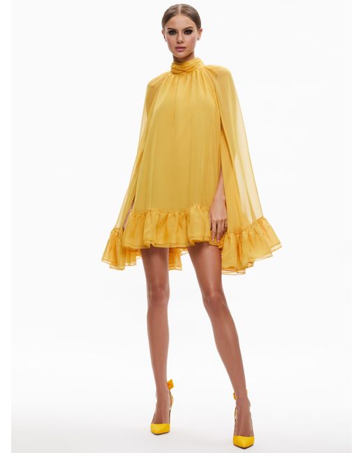 Alice + Olivia Yellow Erna Mock Neck Cape Sleeve Mini Dress