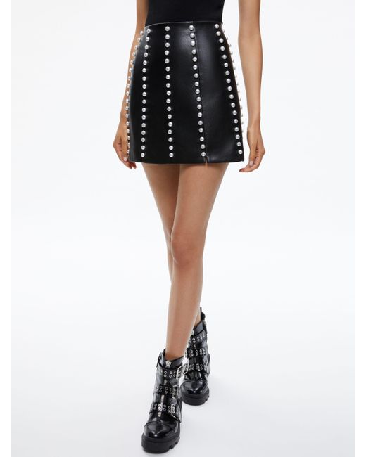 Alice + Olivia Black Lecia Embellished Vegan Leather Mini Skirt