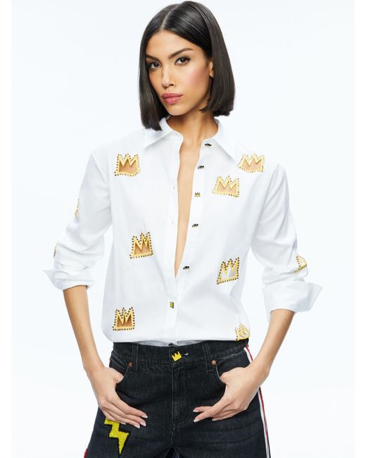 Alice + Olivia White A+o X Basquiat Finely Embellished Button Down