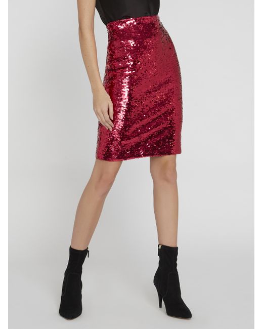 Alice + Olivia Red Ramos Sequin Fitted Midi Skirt