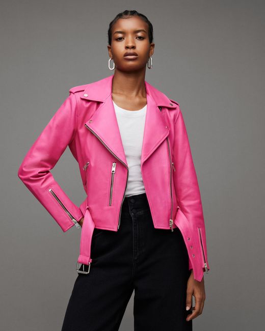 AllSaints Pink Balfern Belted Hem Leather Biker Jacket