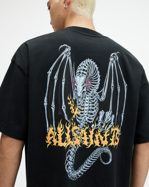 AllSaints Black Dragon Skull Printed Oversized T-shirt for men