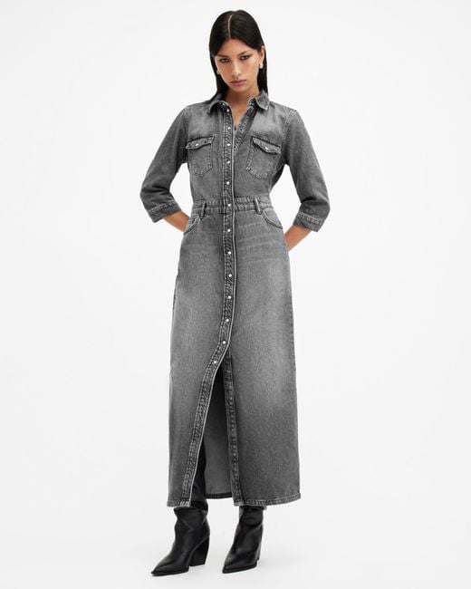 AllSaints Gray Blair Long Sleeve Denim Maxi Dress,, Washed