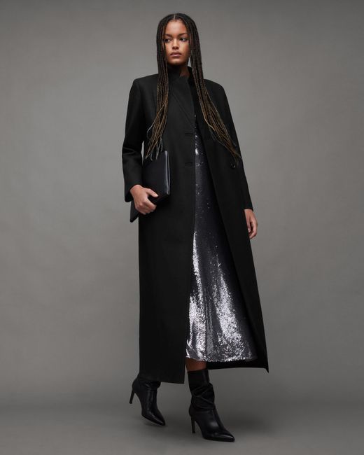 AllSaints Black Sonnie Wool Cashmere Blend Long Coat,