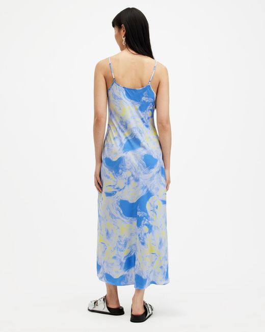 AllSaints Blue Bryony Spiral Print Midi Slip Dress,