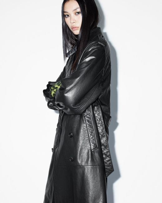 AllSaints Black Hendry Relaxed Fit Leather Trench Coat