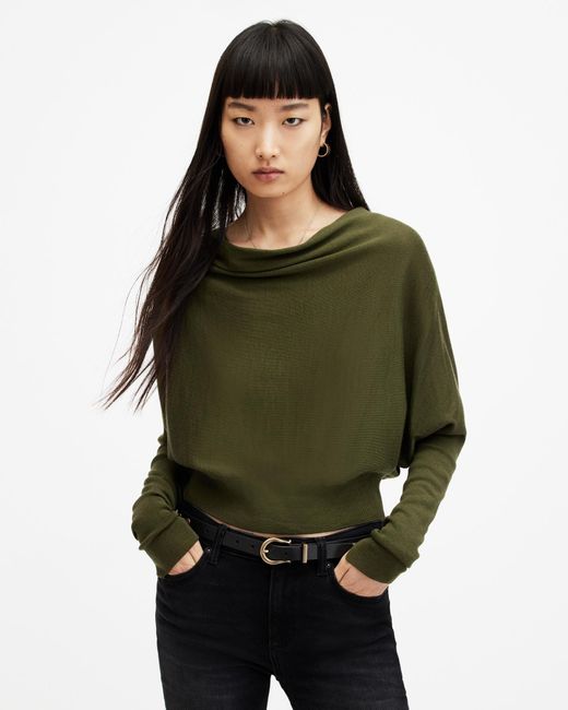 AllSaints Green Ridley Cropped Merino Wool Sweater