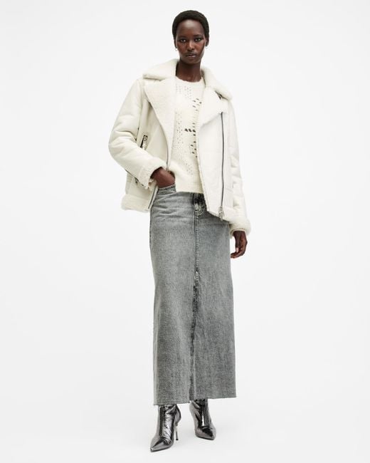 AllSaints White Sola Oversized Shearling Biker Jacket