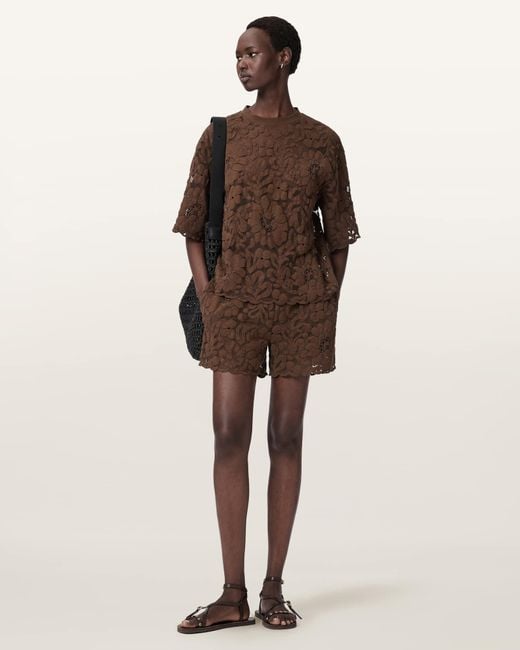 AllSaints Brown Amelie Mid Rise Relaxed Lace Shorts