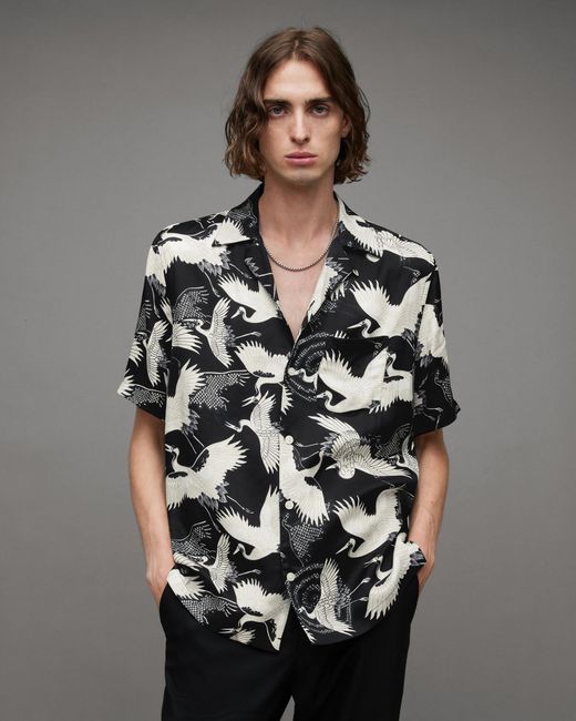 AllSaints Gray Tsuru Bird Print Short Sleeve Shirt for men