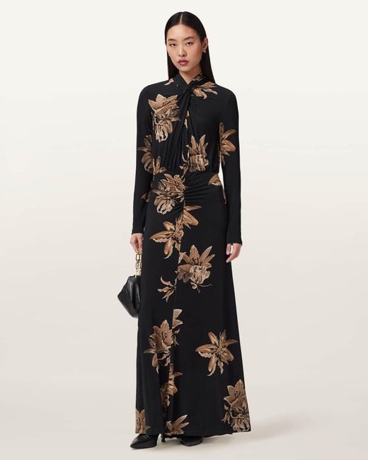 AllSaints Black Mina Floral A-Line Maxi Dress