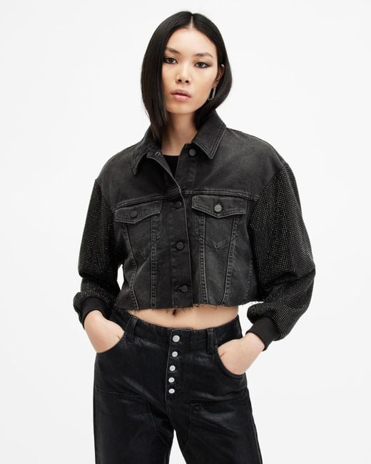 AllSaints Black Anders Embellished Sleeve Denim Shacket