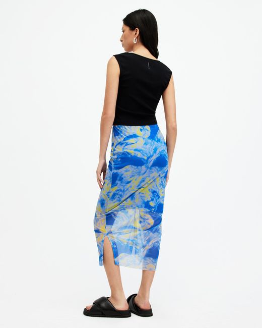 AllSaints Blue Nora Inspiral Mesh Midi Skirt
