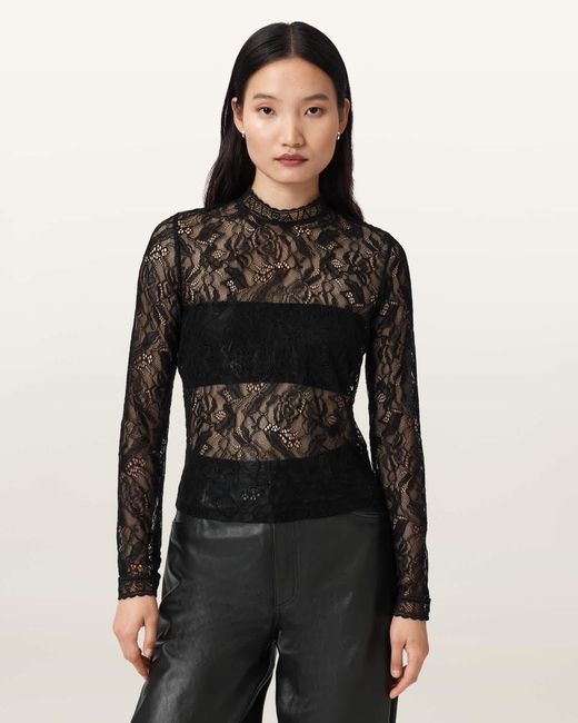AllSaints Black Polyester Aria Lace Top, /Us 2