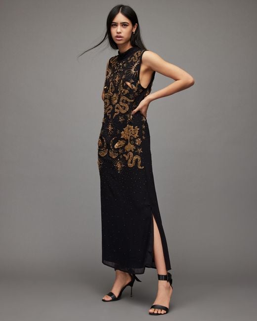 AllSaints Black Harper Embellished Maxi Dress