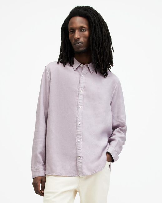AllSaints Purple Laguna Linen Blend Shirt, for men