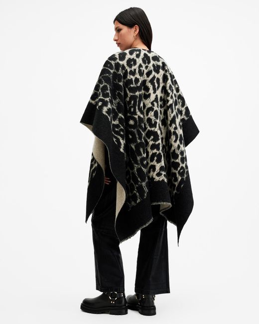 AllSaints Black Wool Draped Leopard Border Logo Ruana Scarf