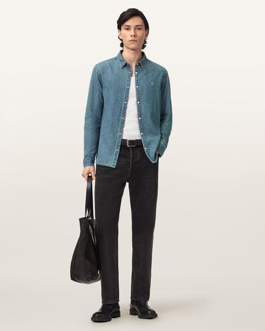 AllSaints Blue Gleason Long Sleeve Ramskull Shirt for men