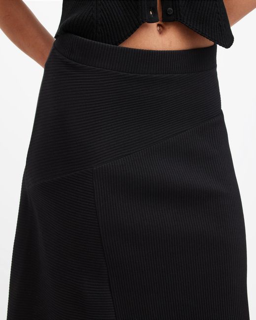 AllSaints Black Gia Asymmetrical Ribbed Midi Skirt,
