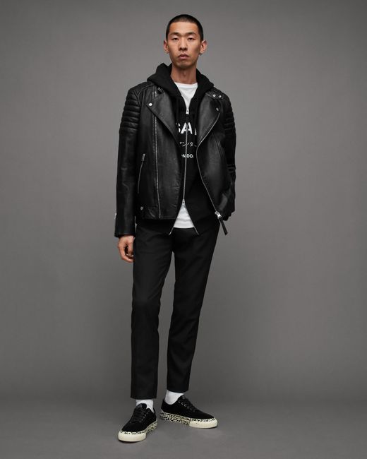 AllSaints Black Silas Tab Collar Leather Biker Jacket for men