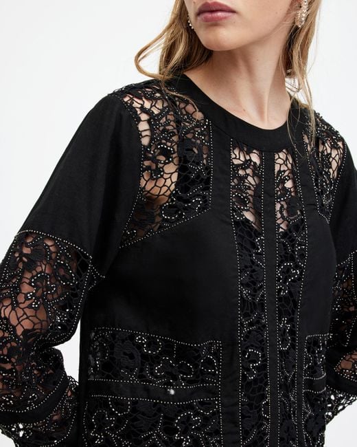 AllSaints Black Noush Embellished Linen Blend Mini Dress,