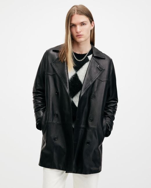 AllSaints Black Kessler Double Breasted Leather Coat for men